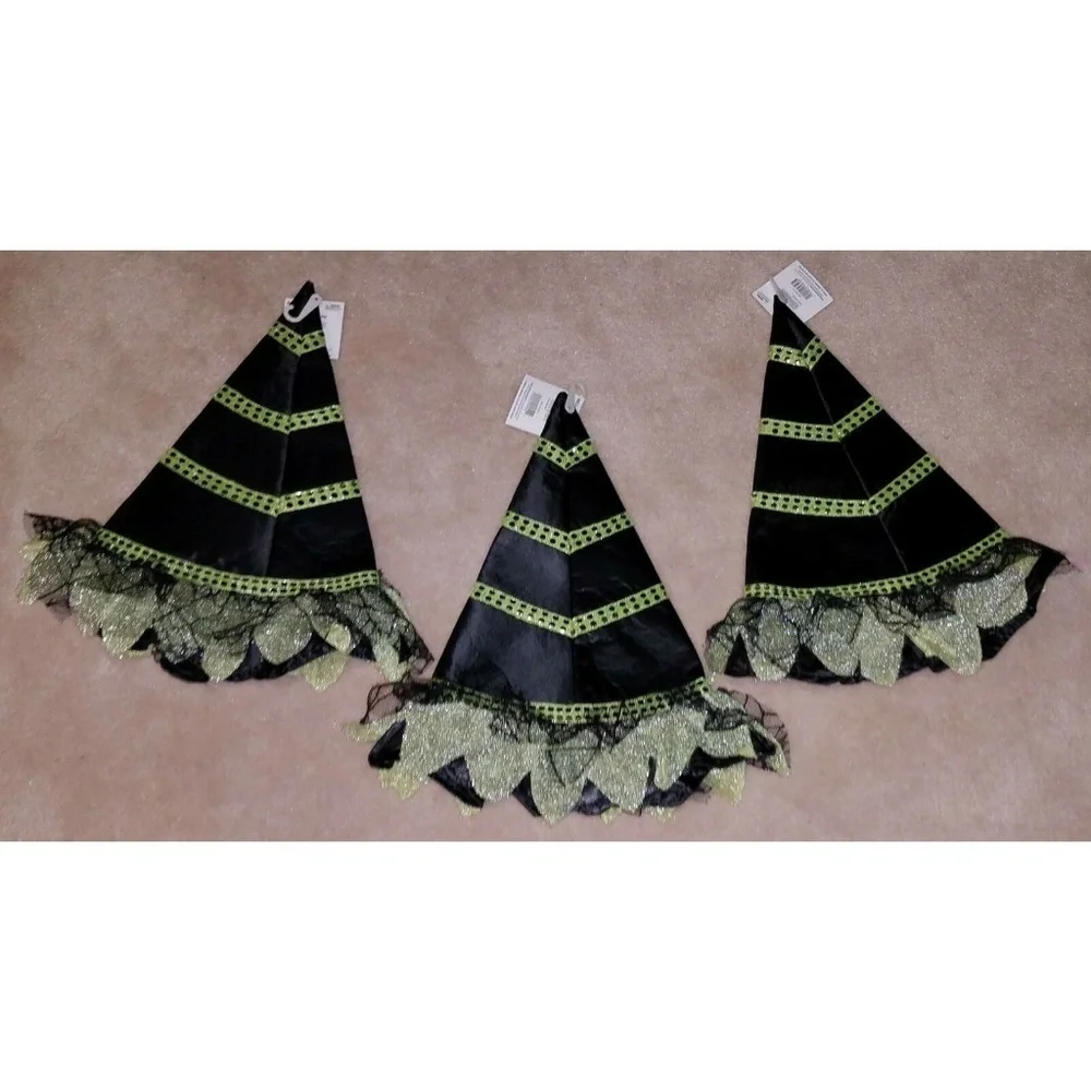 NWT Lot 3 Girls' Deluxe Witch Hat Black Spider Green Stripes Halloween Costume